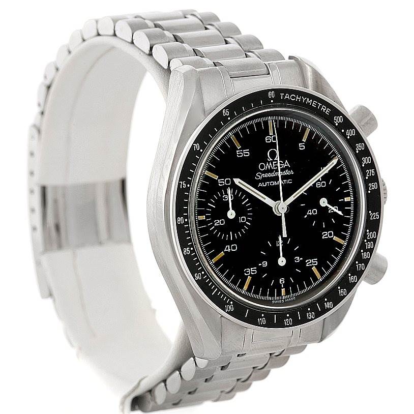 This Omega Speedmaster 3510.50.00 Men
s Stainless Steel Black Dial 3510.50.00 Men
s Stainless Steel Black Dial watch is pictured at a slight angle showing the face, bezel, and metal bracelet.