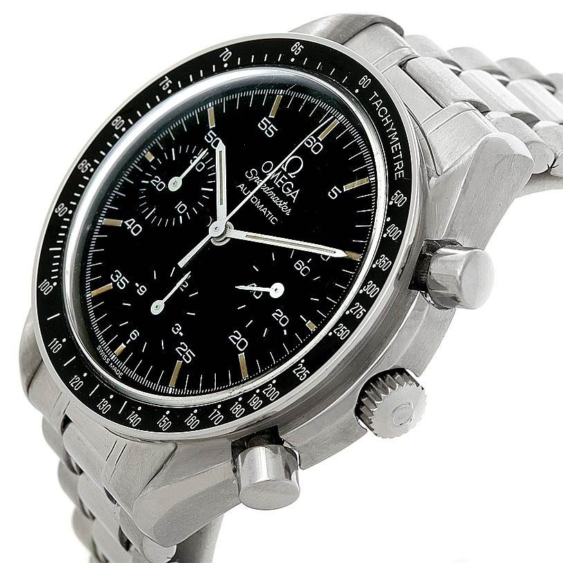The image shows an angled view of the Omega Speedmaster 3510.50.00 Men
s Stainless Steel Black Dial 3510.50.00 Men
s Stainless Steel Black Dial watch, highlighting its bezel, dial, pushers, and metal bracelet.