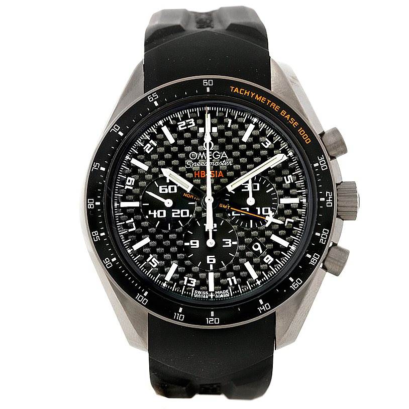 The image shows a front view of an Omega Speedmaster 321.92.44.52.01.001 Men
s Titanium Black Dial 321.92.44.52.01.001 Men
s Titanium Black Dial watch featuring a black dial and a tachymeter bezel.