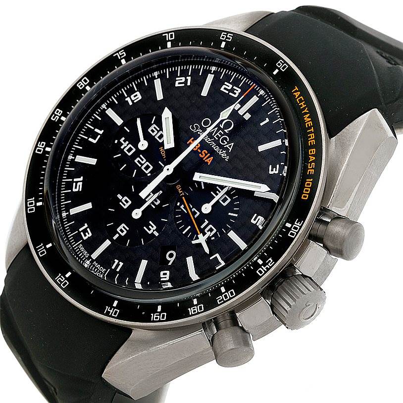 This image shows a close-up angle of the Omega Speedmaster 321.92.44.52.01.001 Men
s Titanium Black Dial 321.92.44.52.01.001 Men
s Titanium Black Dial watch
s face, showcasing its dial, bezel, and crown.