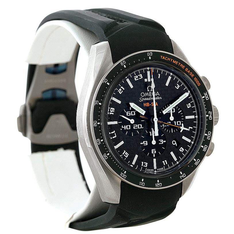 The Omega Speedmaster 321.92.44.52.01.001 Men
s Titanium Black Dial 321.92.44.52.01.001 Men
s Titanium Black Dial watch is shown at a three-quarter angle, highlighting its face, bezel, and strap.