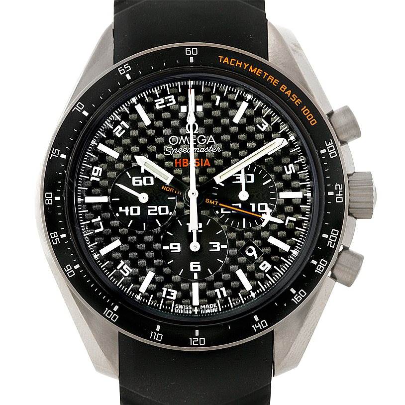 This is a front view of an Omega Speedmaster 321.92.44.52.01.001 Men
s Titanium Black Dial 321.92.44.52.01.001 Men
s Titanium Black Dial watch showing its analog face, tachymeter scale, and chronograph sub-dials.