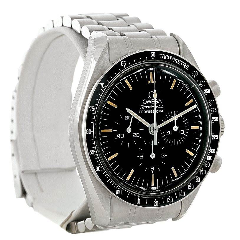 The Omega Speedmaster 3590.50.00 Men
s Stainless Steel Black Dial 3590.50.00 Men
s Stainless Steel Black Dial model is shown at a slight angle, featuring the face, tachymeter bezel, and stainless steel bracelet.