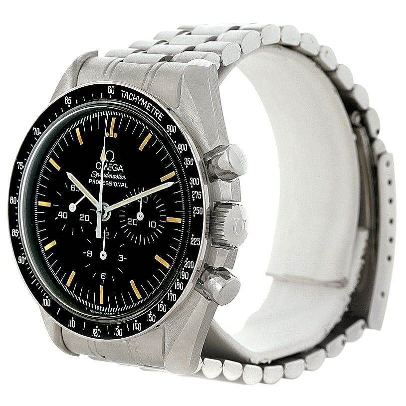The image shows an Omega Speedmaster 3590.50.00 Men
s Stainless Steel Black Dial 3590.50.00 Men
s Stainless Steel Black Dial watch from a front angle, highlighting its bezel, dial, crown, pushers, and bracelet.