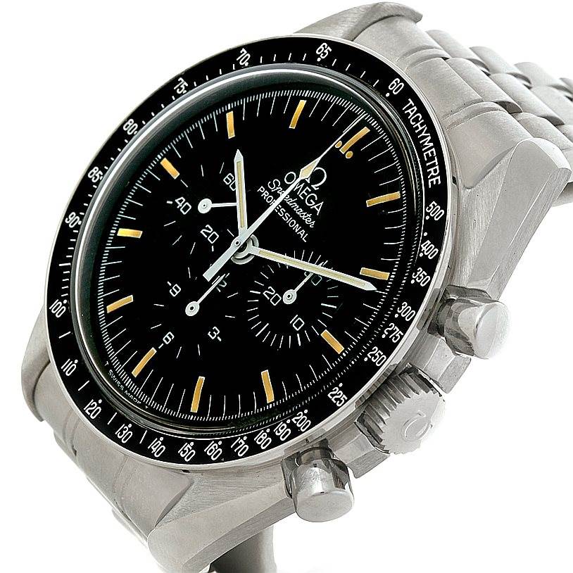 The image shows an angled view of the Omega Speedmaster 3590.50.00 Men
s Stainless Steel Black Dial 3590.50.00 Men
s Stainless Steel Black Dial watch, highlighting its dial, bezel, crown, pushers, and part of the bracelet.