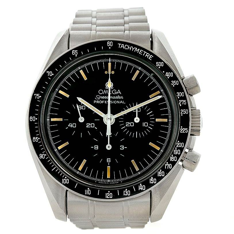 The image shows a front view of the Omega Speedmaster 3590.50.00 Men
s Stainless Steel Black Dial 3590.50.00 Men
s Stainless Steel Black Dial watch, displaying its face, bezel, and bracelet.