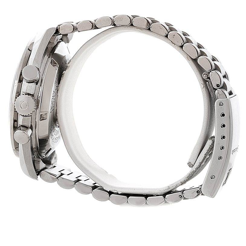 The image shows the left side and bracelet of an Omega Speedmaster 3590.50.00 Men
s Stainless Steel Black Dial 3590.50.00 Men
s Stainless Steel Black Dial watch, highlighting its side buttons and metallic link band.