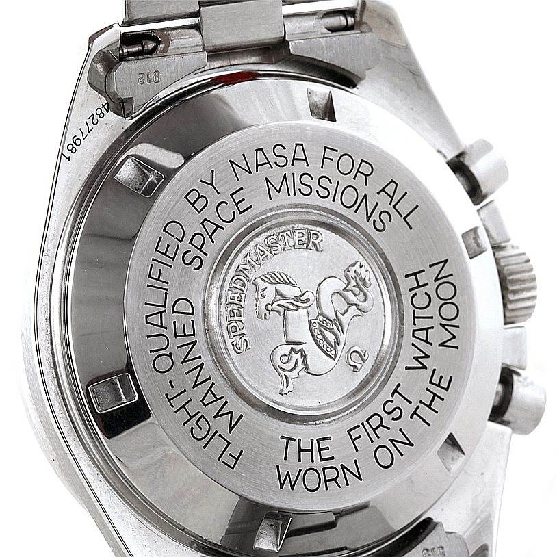 The image shows the engraved case back of an Omega Speedmaster 3590.50.00 Men
s Stainless Steel Black Dial 3590.50.00 Men
s Stainless Steel Black Dial watch from a close-up, rear-angle view.