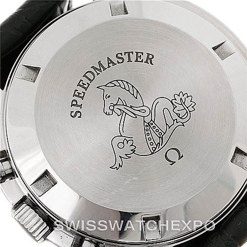 The image shows the case back of an Omega Speedmaster Men
s Stainless Steel Black Dial Men
s Stainless Steel Black Dial watch, featuring the Speedmaster logo and branding.