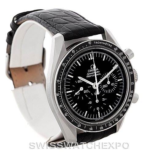 The Omega Speedmaster Men
s Stainless Steel Black Dial Men
s Stainless Steel Black Dial watch is shown at a three-quarter angle, highlighting the face, bezel with tachymeter, and black leather strap.