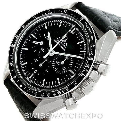 The image shows a close-up of the Omega Speedmaster Men
s Stainless Steel Black Dial Men
s Stainless Steel Black Dial watch at a slight angle, highlighting the dial, bezel, and crown.