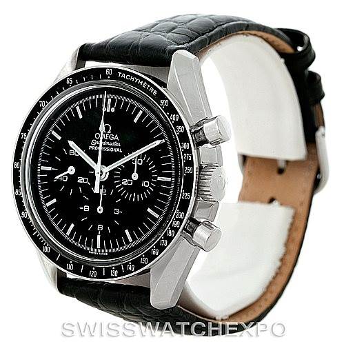 The Omega Speedmaster Men
s Stainless Steel Black Dial Men
s Stainless Steel Black Dial watch is shown at an angled view, displaying the face, bezel, crown, pushers, and the black leather strap.