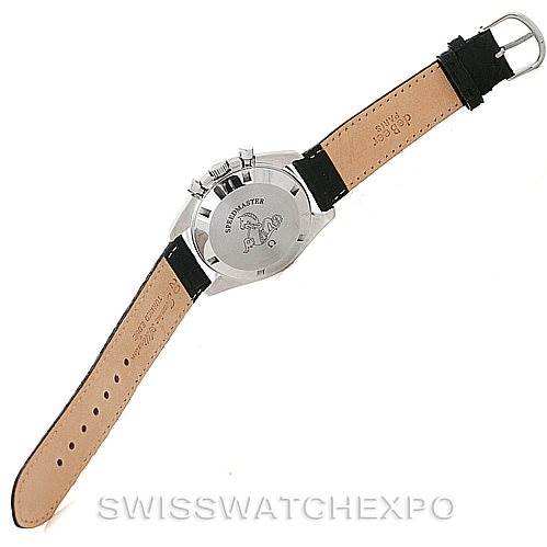 This image shows the back view of an Omega Speedmaster Men
s Stainless Steel Black Dial Men
s Stainless Steel Black Dial with a leather strap and visible buckle.