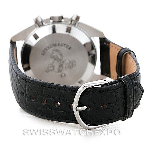 The image shows the back and strap of an Omega Speedmaster Men
s Stainless Steel Black Dial Men
s Stainless Steel Black Dial watch from a rear angle.