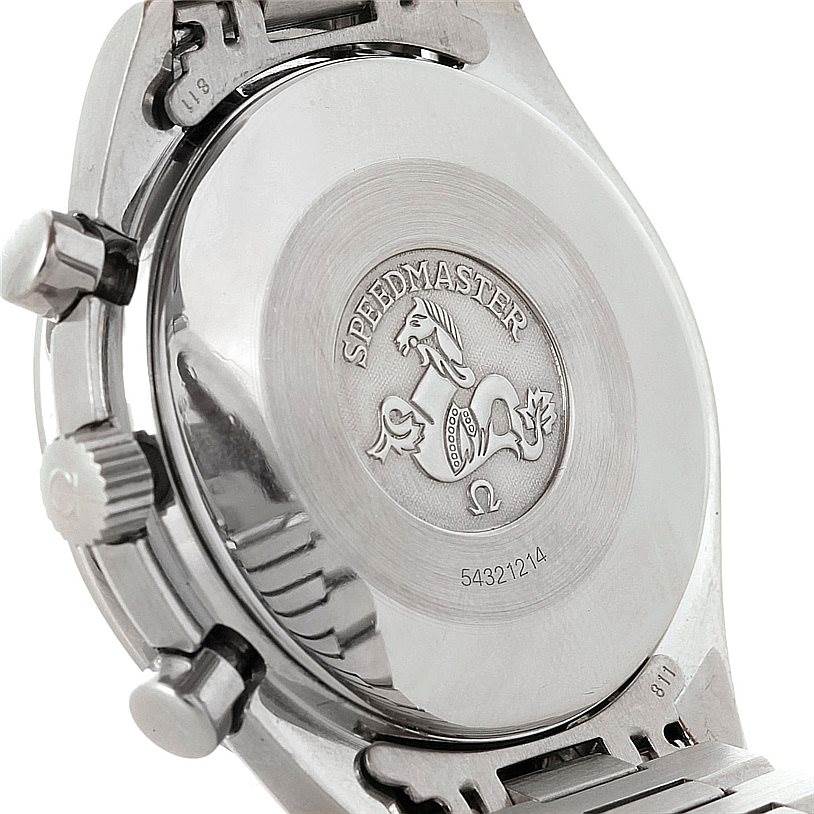 The image shows the back case of an Omega Speedmaster 3510.50.00 Men
s Stainless Steel Black Dial 3510.50.00 Men
s Stainless Steel Black Dial watch, featuring engraved branding and serial number.