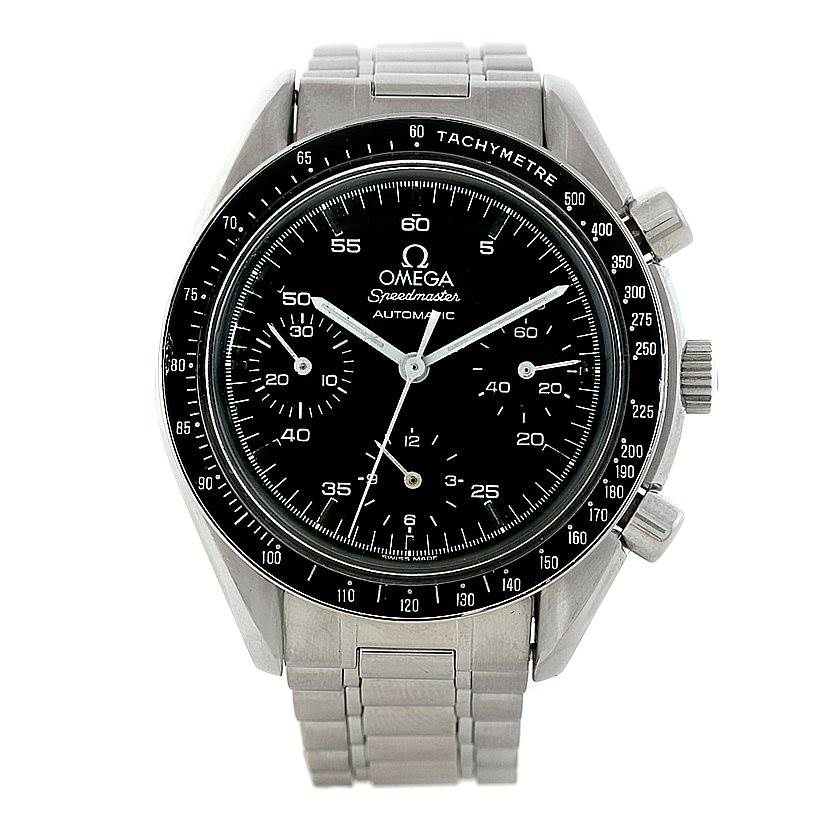 The Omega Speedmaster 3510.50.00 Men
s Stainless Steel Black Dial 3510.50.00 Men
s Stainless Steel Black Dial watch is shown from a straight-on angle, clearly displaying its face, bezel, and bracelet.