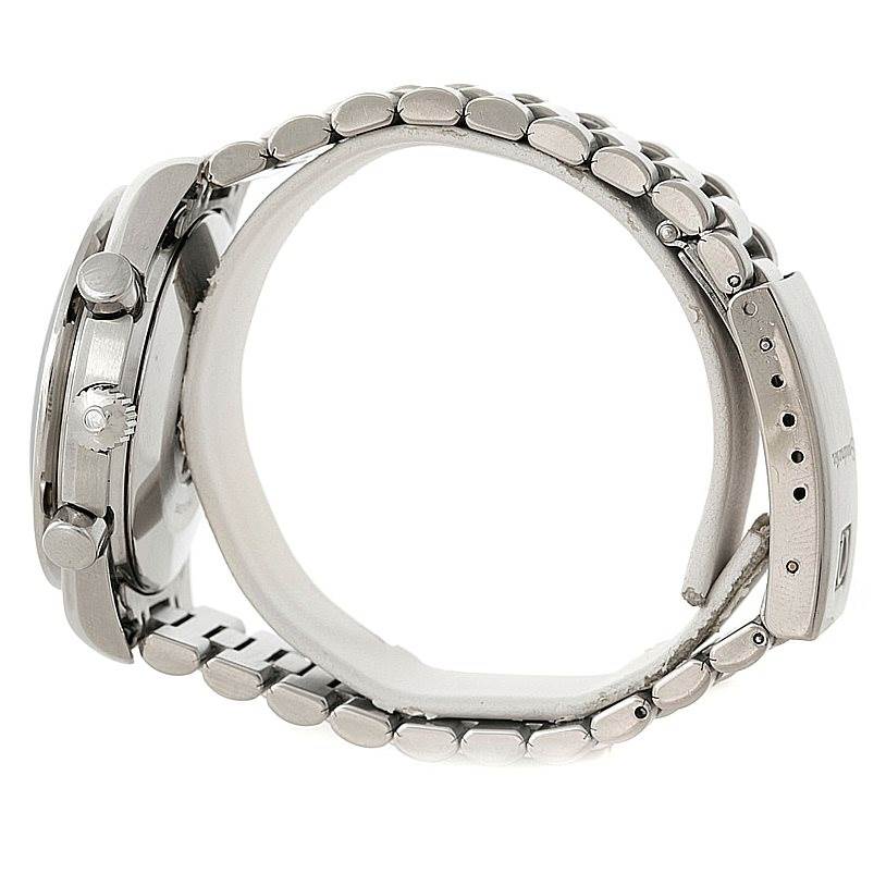 The image shows a side view of an Omega Speedmaster 3510.50.00 Men
s Stainless Steel Black Dial 3510.50.00 Men
s Stainless Steel Black Dial watch, highlighting the bracelet, clasp, and side profile of the case.