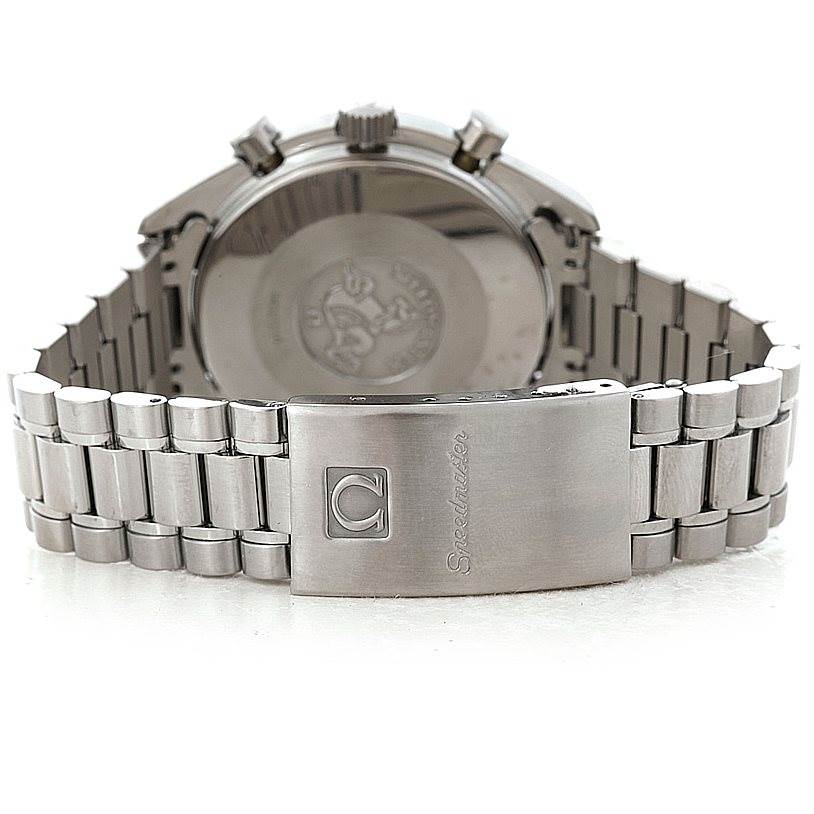 This image shows the back case, clasp, and bracelet of an Omega Speedmaster 3510.50.00 Men
s Stainless Steel Black Dial 3510.50.00 Men
s Stainless Steel Black Dial watch from a rear angle.