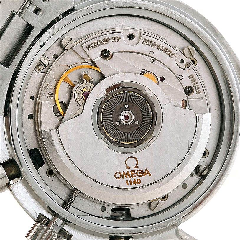 The image shows the movement and internal mechanics of the Omega Speedmaster 3510.50.00 Men
s Stainless Steel Black Dial 3510.50.00 Men
s Stainless Steel Black Dial watch from a back case perspective.