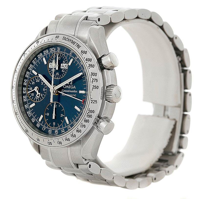 This image shows an Omega Speedmaster 3523.80.00 Men
s Stainless Steel Blue Dial 3523.80.00 Men
s Stainless Steel Blue Dial watch from an angled side view, highlighting the face, crown, pushers, and stainless steel bracelet.