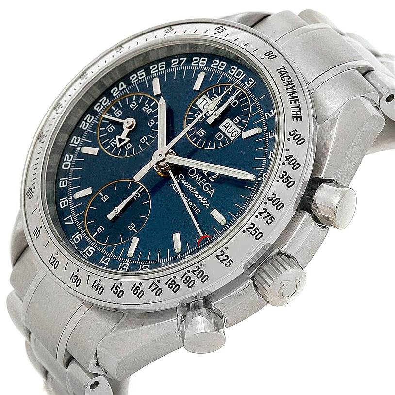 The Omega Speedmaster 3523.80.00 Men
s Stainless Steel Blue Dial 3523.80.00 Men
s Stainless Steel Blue Dial watch is shown from a three-quarter angle, highlighting the dial, tachymeter bezel, and side pushers.
