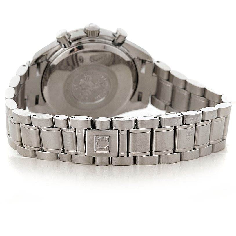 The image shows the back and bracelet of an Omega Speedmaster 3523.80.00 Men
s Stainless Steel Blue Dial 3523.80.00 Men
s Stainless Steel Blue Dial watch from a slightly elevated rear angle.