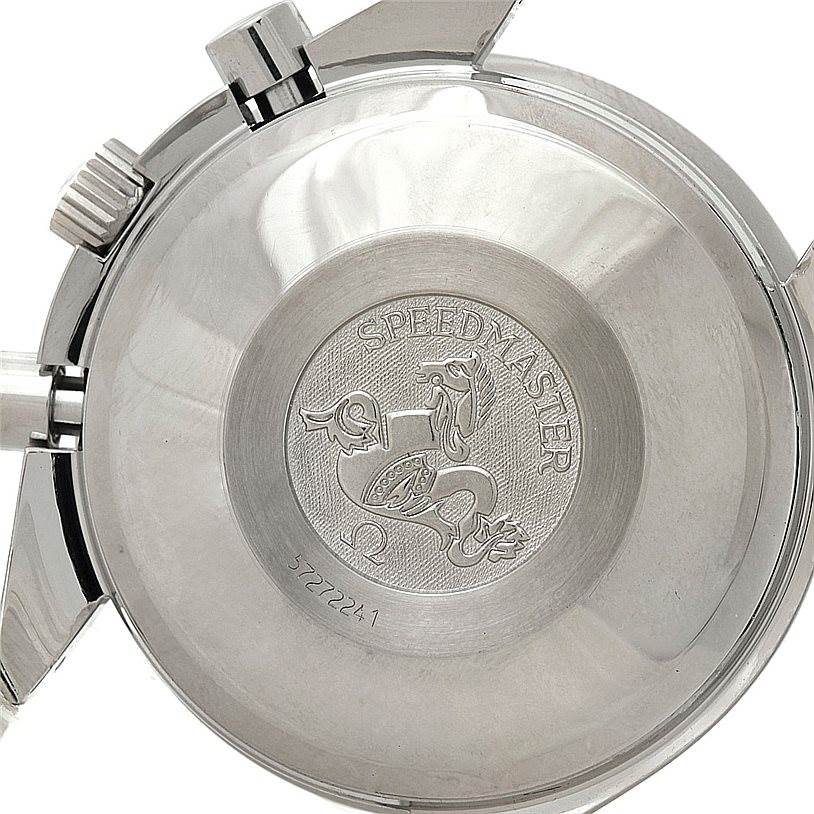 This image shows the back case of an Omega Speedmaster 3523.80.00 Men
s Stainless Steel Blue Dial 3523.80.00 Men
s Stainless Steel Blue Dial watch, featuring the Speedmaster logo engraving.