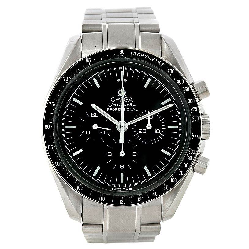 The image shows a front view of an Omega Speedmaster Men
s Stainless Steel Black Dial Men
s Stainless Steel Black Dial watch, displaying the watch face, bezel, bracelet, and pushers.