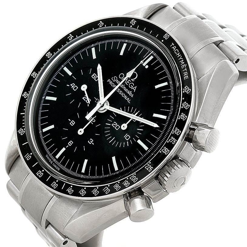The Omega Speedmaster 3560.50.00 Men
s Stainless Steel Black Dial 3560.50.00 Men
s Stainless Steel Black Dial watch is shown at a slight angle highlighting the black dial, bezel, chronograph, and stainless steel bracelet.