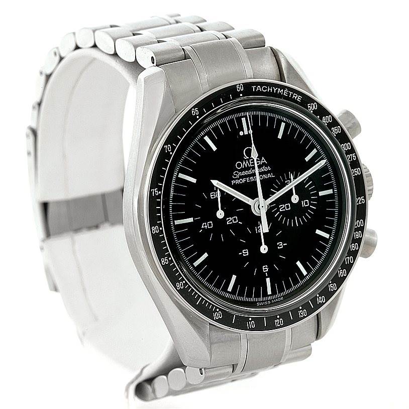 The image shows a frontal view of the Omega Speedmaster 3560.50.00 Men
s Stainless Steel Black Dial 3560.50.00 Men
s Stainless Steel Black Dial watch, highlighting its face, bezel, and metal bracelet.