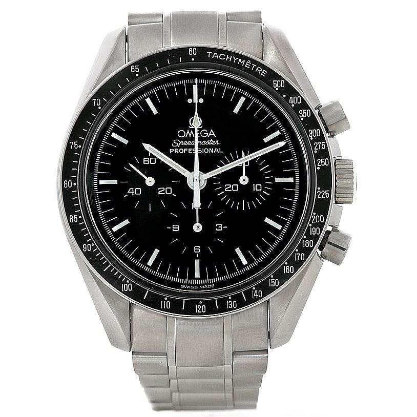 The image shows a front view of an Omega Speedmaster 3560.50.00 Men
s Stainless Steel Black Dial 3560.50.00 Men
s Stainless Steel Black Dial watch, highlighting the bezel, dial, hands, and bracelet.