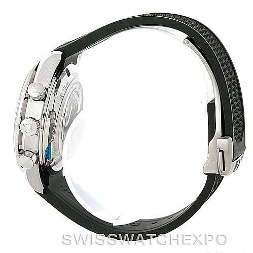 Side view of the Omega Speedmaster 326.32.40.50.11.001 Men's Stainless Steel Red Dial 326.32.40.50.11.001 Men's Stainless Steel Red Dial watch, showcasing the case, pushers, crown, and rubber strap with a clasp.