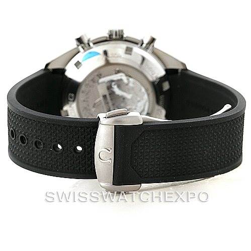 The image shows the back view of an Omega Speedmaster 326.32.40.50.11.001 Men's Stainless Steel Red Dial 326.32.40.50.11.001 Men's Stainless Steel Red Dial watch, focusing on the clasp and rubber strap.