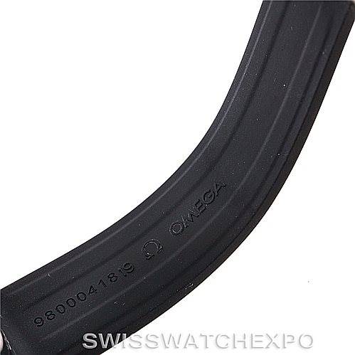 This image shows a close-up of the Omega Speedmaster 326.32.40.50.11.001 Men's Stainless Steel Red Dial 326.32.40.50.11.001 Men's Stainless Steel Red Dial watch strap, displaying the brand name and numbers on the rubber material.