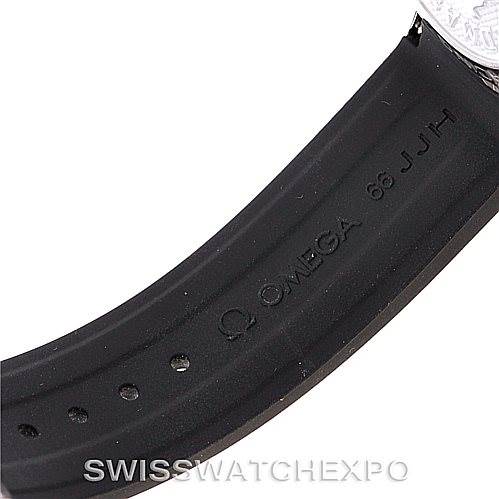 The image shows the underside of the strap of an Omega Speedmaster 326.32.40.50.11.001 Men's Stainless Steel Red Dial 326.32.40.50.11.001 Men's Stainless Steel Red Dial watch, displaying the Omega branding and model engraving.