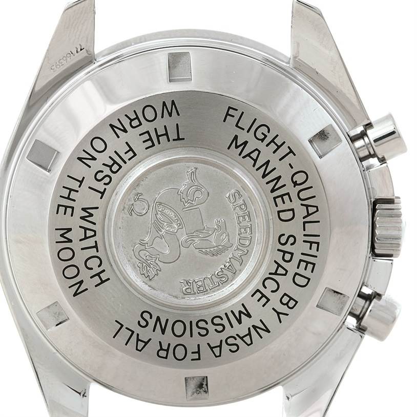 This image shows the back case of an Omega Speedmaster Men
s Stainless Steel Black Dial Men
s Stainless Steel Black Dial watch with engravings detailing its NASA qualification.