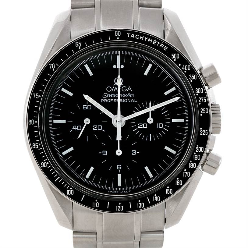 The image shows a front view of an Omega Speedmaster Men
s Stainless Steel Black Dial Men
s Stainless Steel Black Dial watch, featuring its black dial, tachymeter bezel, and stainless steel bracelet.