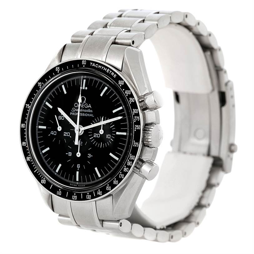 The image shows an Omega Speedmaster Men
s Stainless Steel Black Dial Men
s Stainless Steel Black Dial watch at a three-quarter angle, displaying its metal band, black dial, tachymeter bezel, and chronograph sub-dials.