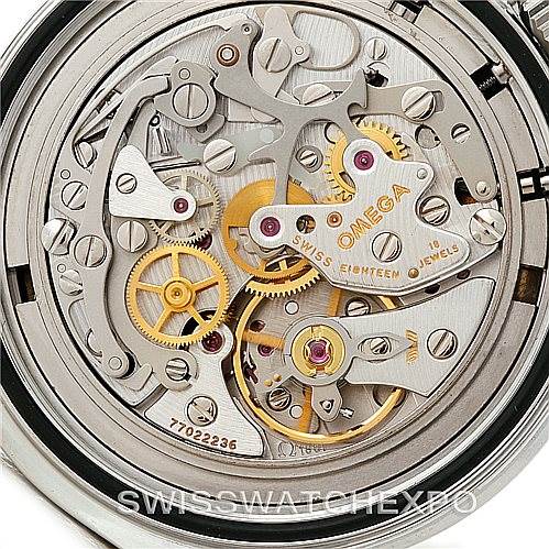 This image shows the movement and intricate internal mechanics of an Omega Speedmaster 3594.50.00 Men
s Stainless Steel Black Dial 3594.50.00 Men
s Stainless Steel Black Dial watch from a rear, open case angle.