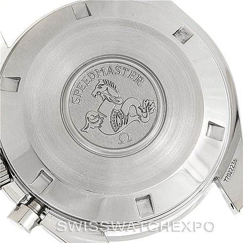 The image shows the case back of an Omega Speedmaster 3594.50.00 Men
s Stainless Steel Black Dial 3594.50.00 Men
s Stainless Steel Black Dial watch with the signature engraving and some case back details.