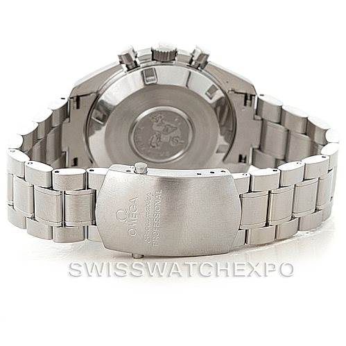 The image shows the back view of an Omega Speedmaster 3594.50.00 Men
s Stainless Steel Black Dial 3594.50.00 Men
s Stainless Steel Black Dial watch, highlighting the bracelet, clasp, and caseback.