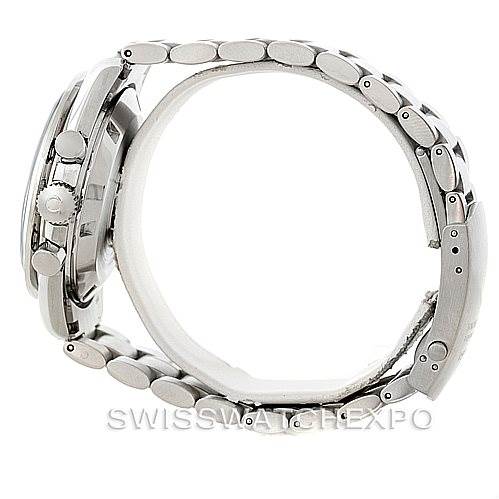 The image shows a side view of the Omega Speedmaster 3594.50.00 Men
s Stainless Steel Black Dial 3594.50.00 Men
s Stainless Steel Black Dial watch, highlighting the case, crown, pushers, and bracelet.