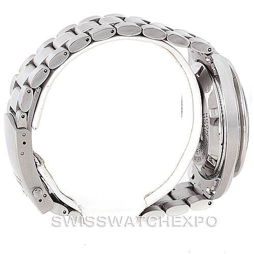 The image shows a side view of an Omega Speedmaster 3570.50.00 Men
s Stainless Steel Black Dial 3570.50.00 Men
s Stainless Steel Black Dial watch emphasizing the bracelet and the caseback.