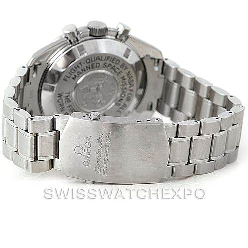 The image shows the back and bracelet of an Omega Speedmaster 3570.50.00 Men
s Stainless Steel Black Dial 3570.50.00 Men
s Stainless Steel Black Dial watch, including the clasp and case back details.