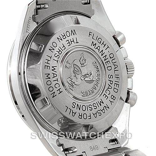 The image shows the back case of an Omega Speedmaster 3570.50.00 Men
s Stainless Steel Black Dial 3570.50.00 Men
s Stainless Steel Black Dial watch, displaying its engravings and detailing.