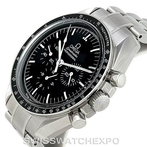 The image shows a close-up, angled view of the Omega Speedmaster 3570.50.00 Men
s Stainless Steel Black Dial 3570.50.00 Men
s Stainless Steel Black Dial watch, highlighting its black dial, tachymeter bezel, and stainless steel bracelet.