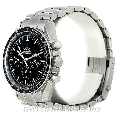The Omega Speedmaster 3570.50.00 Men
s Stainless Steel Black Dial 3570.50.00 Men
s Stainless Steel Black Dial watch is shown from an angled side profile, displaying the dial, bezel, and bracelet.