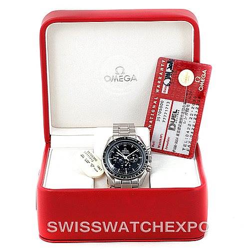 The Omega Speedmaster 3570.50.00 Men
s Stainless Steel Black Dial 3570.50.00 Men
s Stainless Steel Black Dial is shown in its open red box with warranty cards displayed alongside.