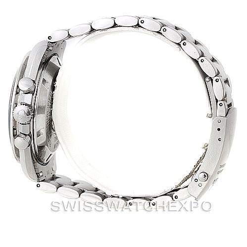 The image shows a side view of the Omega Speedmaster 3570.50.00 Men
s Stainless Steel Black Dial 3570.50.00 Men
s Stainless Steel Black Dial watch, focusing on the watch case and metal bracelet.