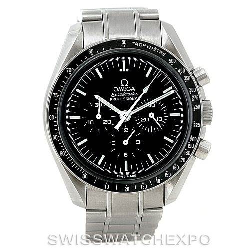 The image shows a front view of an Omega Speedmaster 3570.50.00 Men
s Stainless Steel Black Dial 3570.50.00 Men
s Stainless Steel Black Dial watch, highlighting the face, bezel, and stainless steel bracelet.